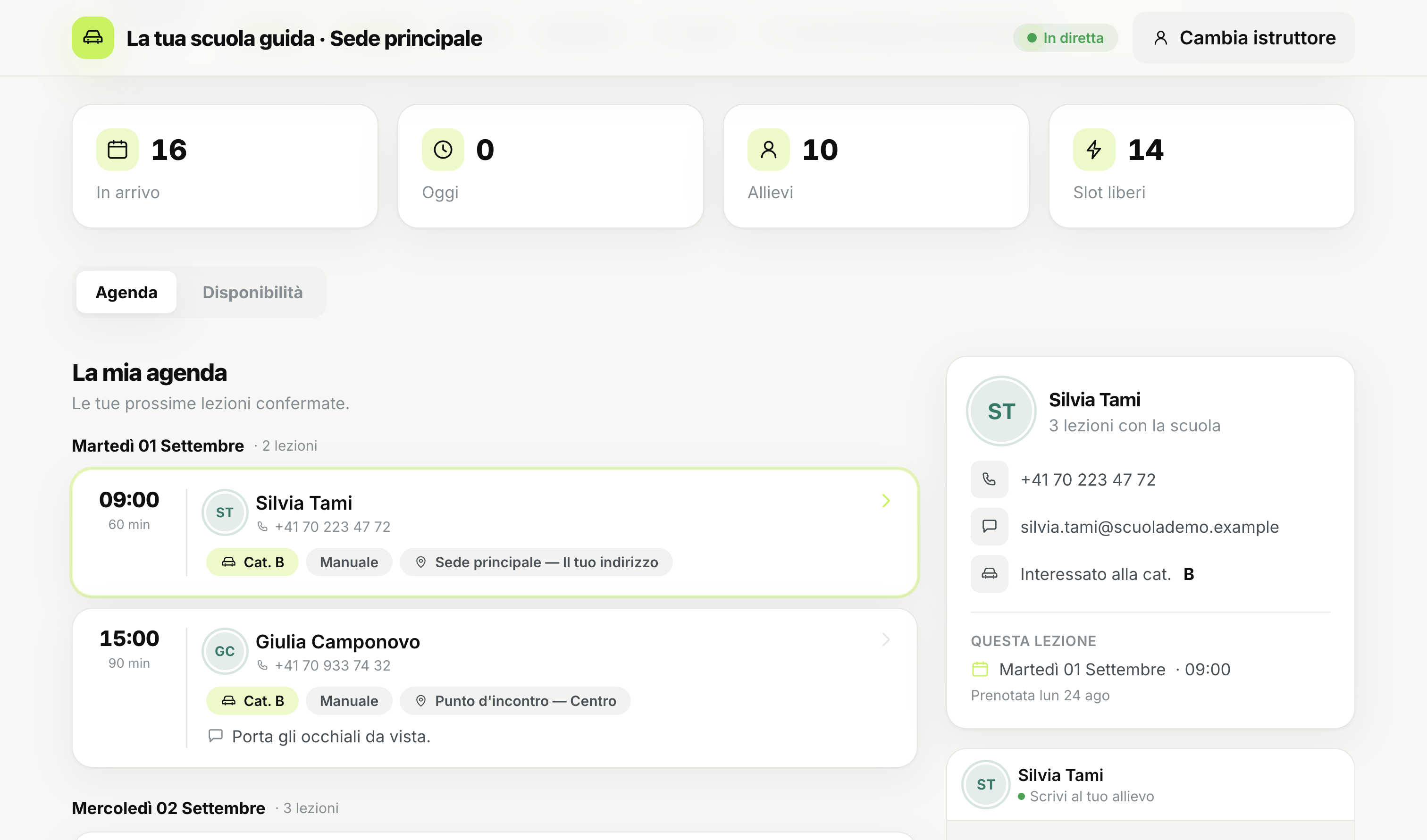 Area operatori: agenda personale, appuntamenti in arrivo e scheda del cliente della lezione selezionata